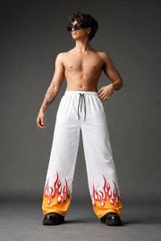 Men's Baggy Flame Print Sweatpants - Wide-Leg Joggers - White